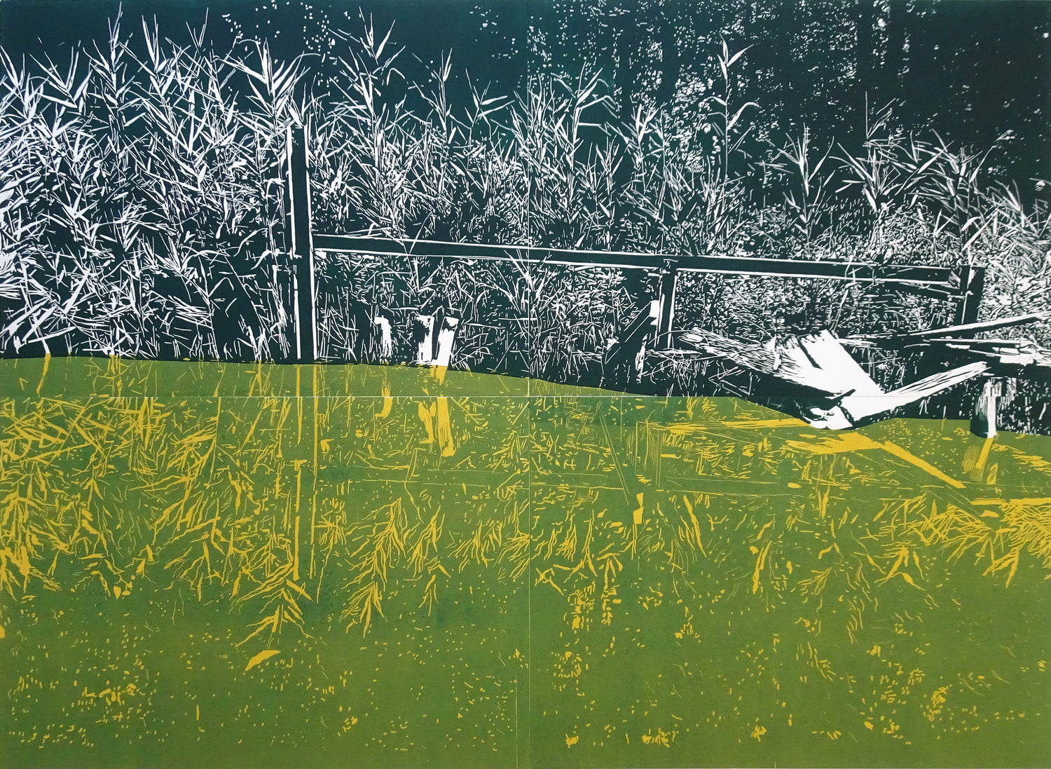 Desislava Unger, Holzschnitt, zweifärbig: grün-schwarz, Titel: You can always be there 1, Größe: 87x120 cm, 2-teilig, 2022